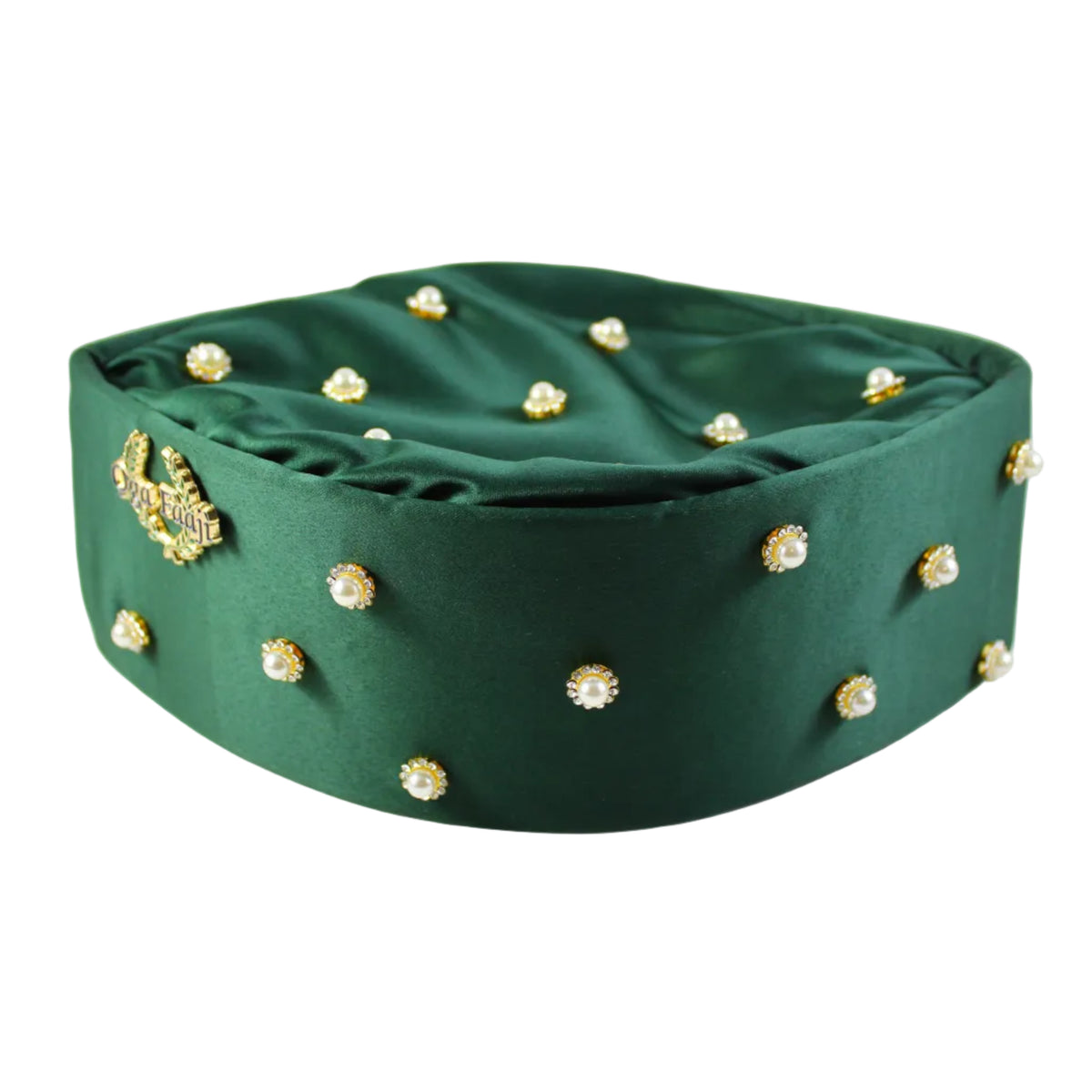 A dark green satin keffiyeh cap adorned with gold and white rhinestone embellishments, photographed on a clean white background.