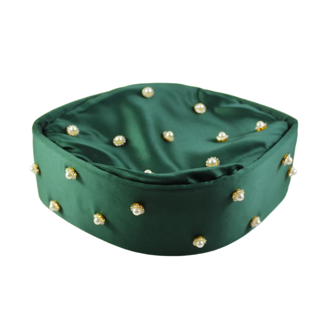 A dark green satin prayer mat decorated with small gold and white rhinestone studs, shown on a plain white background.